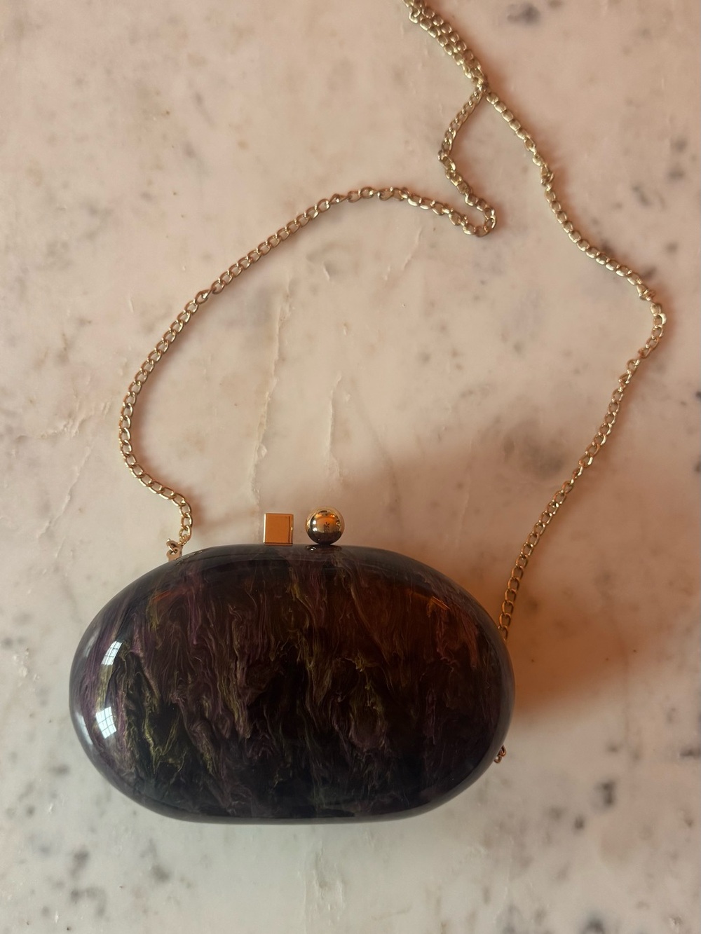 Gold Chain Oval Resin Clutch in Dark Green and purple